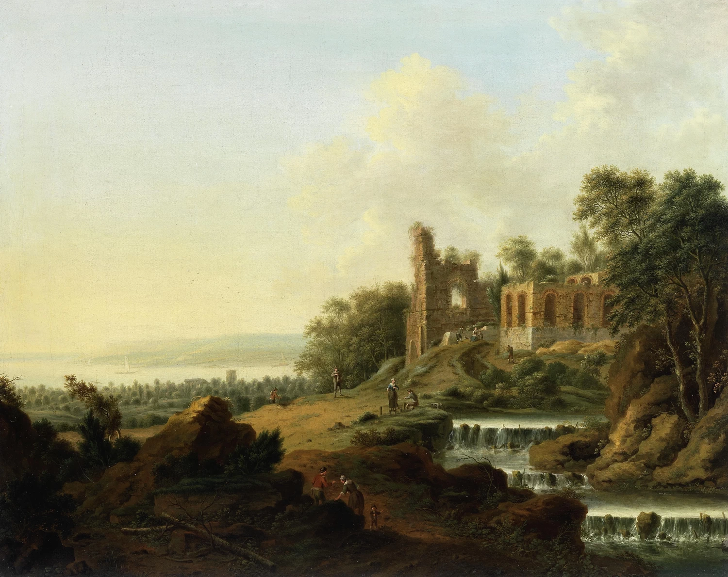 Johann Christian Vollerdt - Un paesaggio fluviale con figure davanti alle rovine